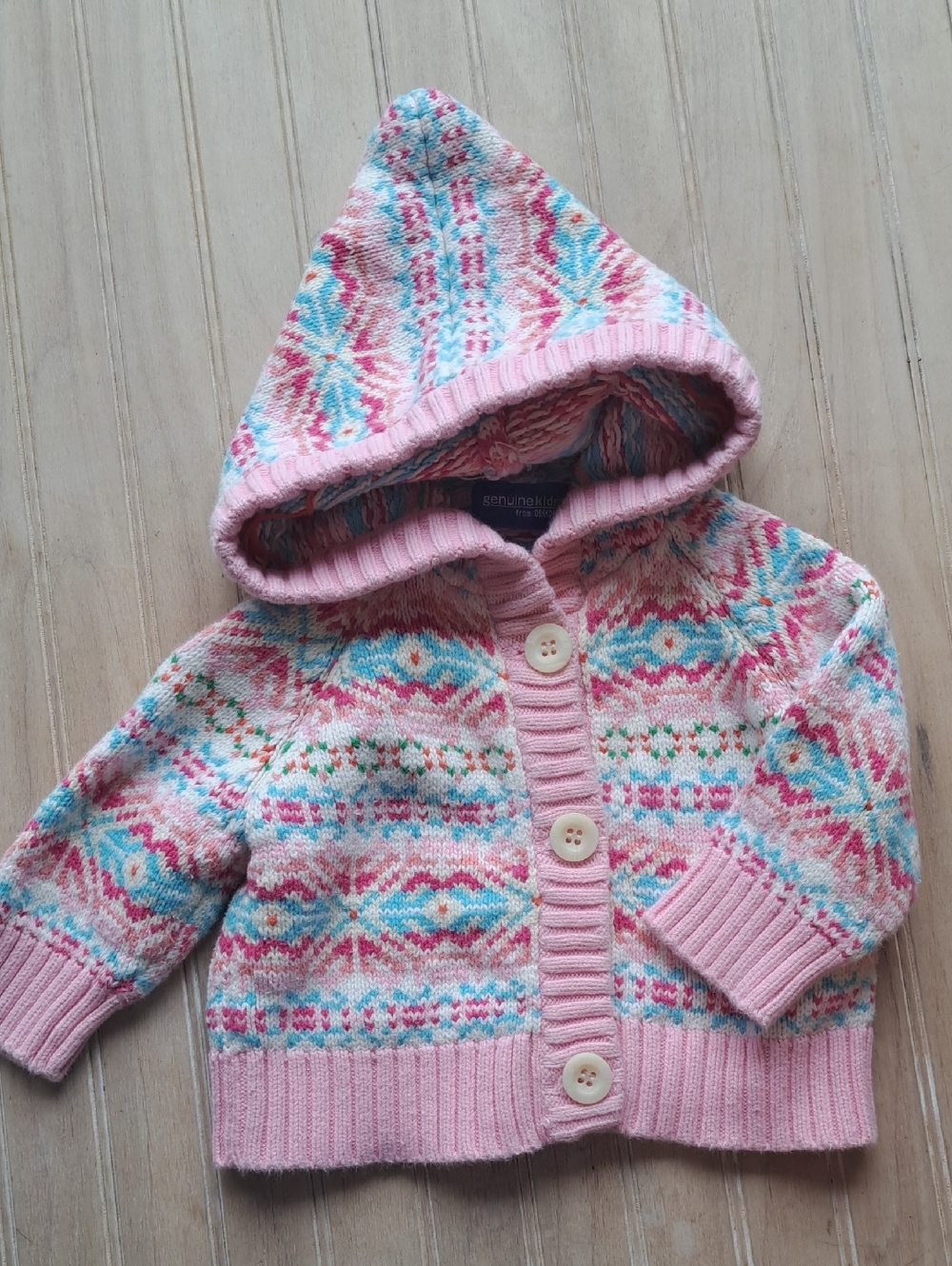 Genuine Kids OshKosh Fair Isle Hooded Chunky Knit Cotton Cardigan Sweater 9M